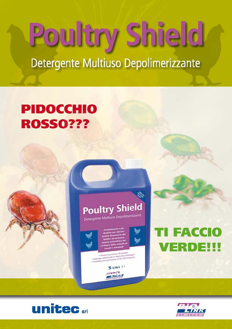 Poultry Shield: detergente multiuso depolimerizzante. Contro il pidocchio rosso.