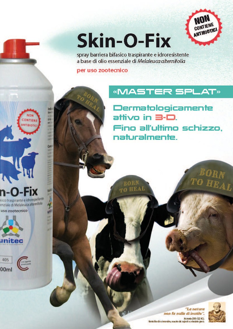 Skin-O-Fix per uso zootecnico. Spray barriera bifasico traspirante e idroresistente a base di olio essenziale di melaleuca alternifolia