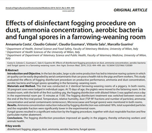 Effects of disinfectant fogging procedure on dust, ammonia concentration, aerobic bacteria and fungal spores in a farrowing-weaning room