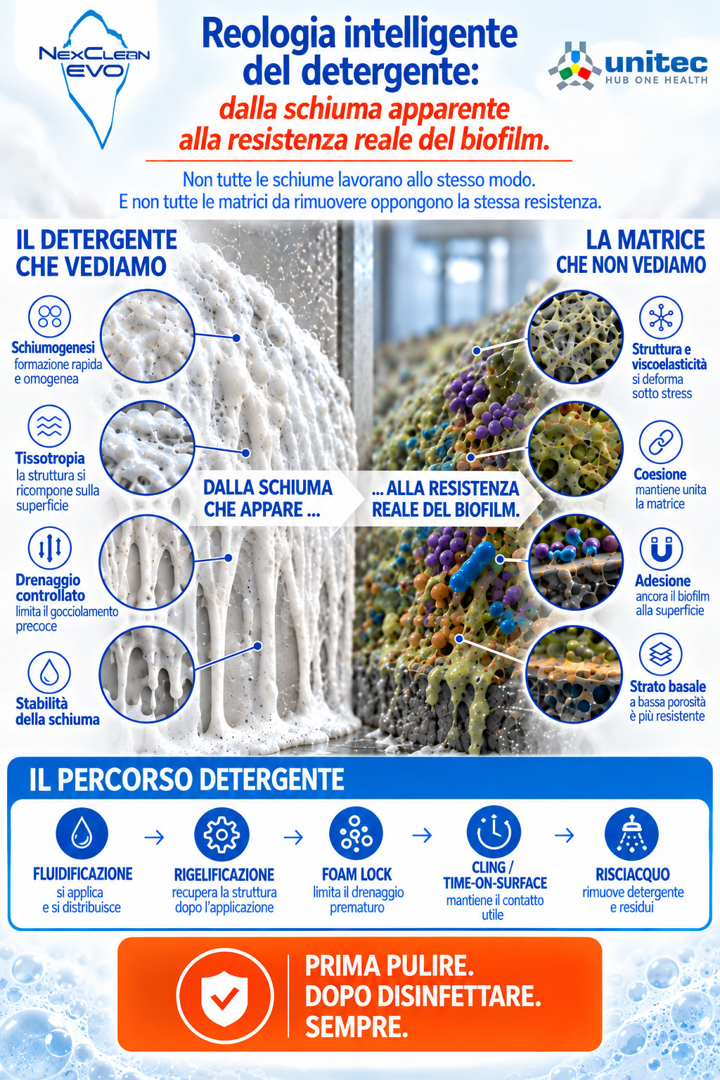 Reologia intelligente del detergente: dalla schiuma apparente alla resistenza reale del biofilm
