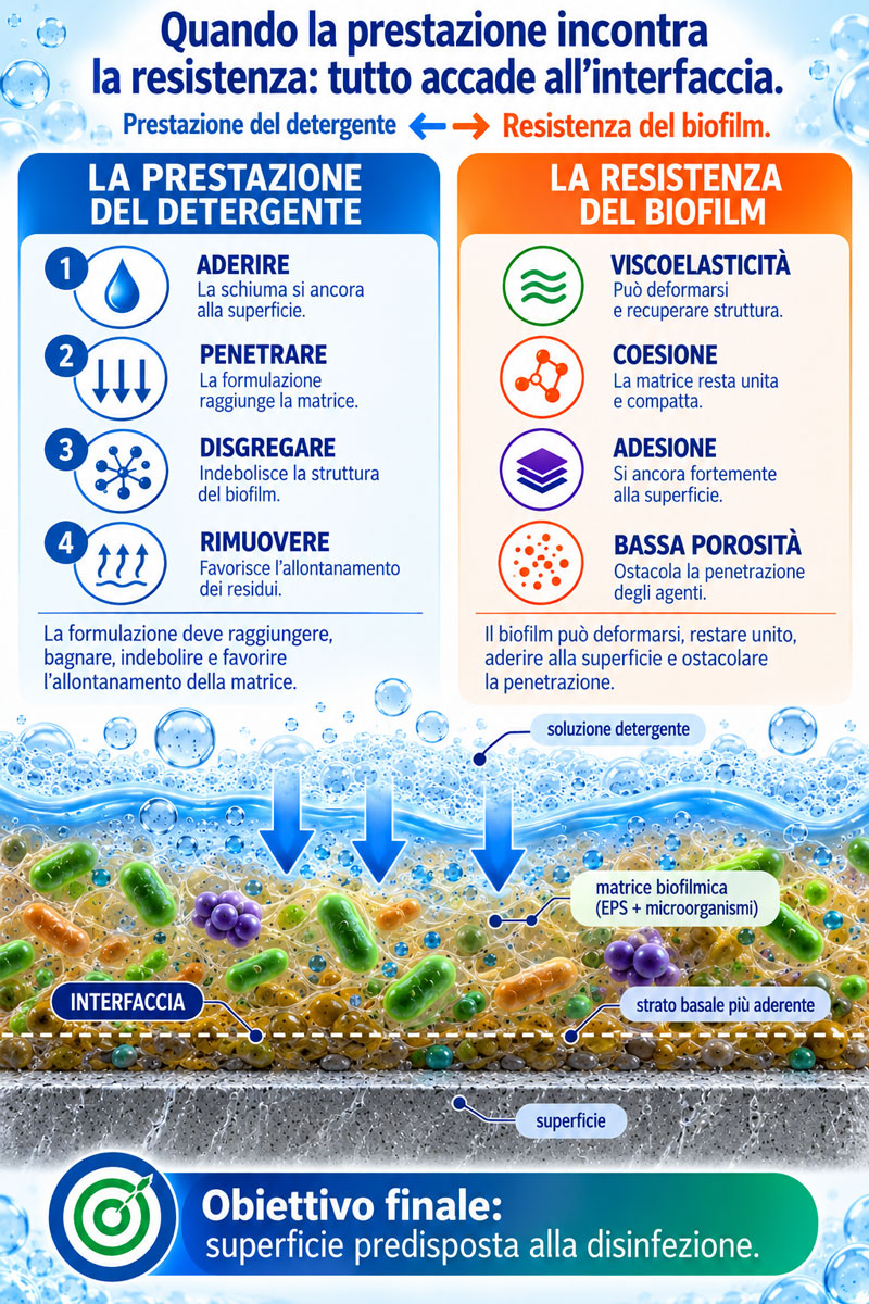 Reologia intelligente del detergente: dalla schiuma apparente alla resistenza reale del biofilm