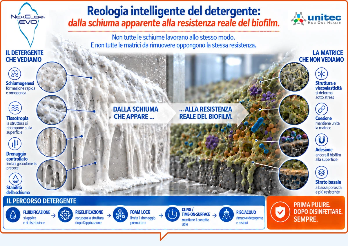 Reologia intelligente del detergente: dalla schiuma apparente alla resistenza reale del biofilm